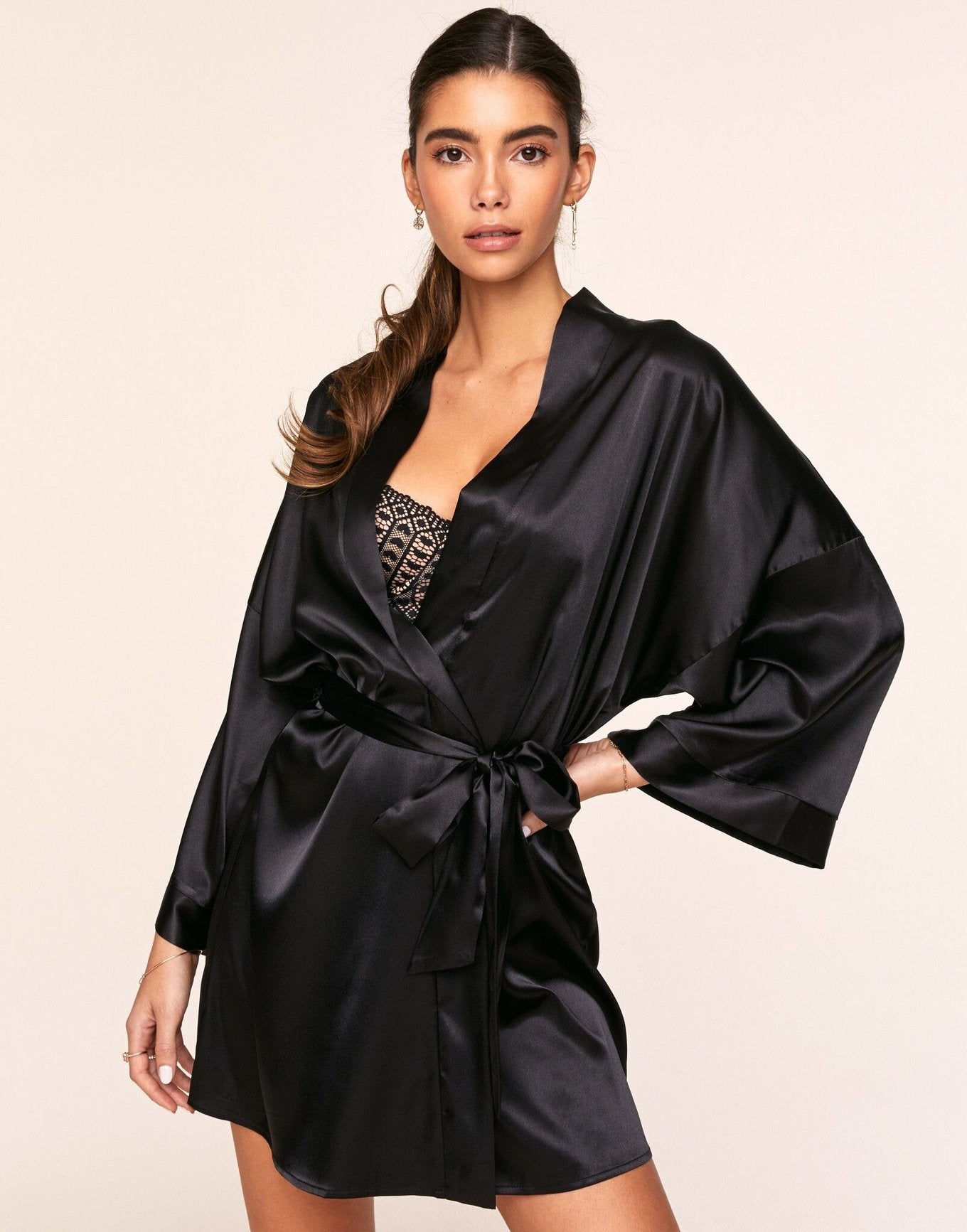 Adore Me Romina Kimono Robe in color Jet Black and shape robe