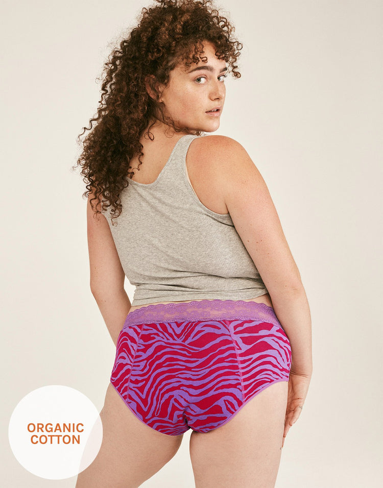 Joyja Ella period-proof panty in color Secret Safari C02 and shape midi brief