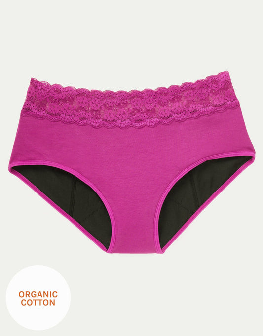 Joyja Ella period-proof panty in color Festival Fuchsia and shape midi brief