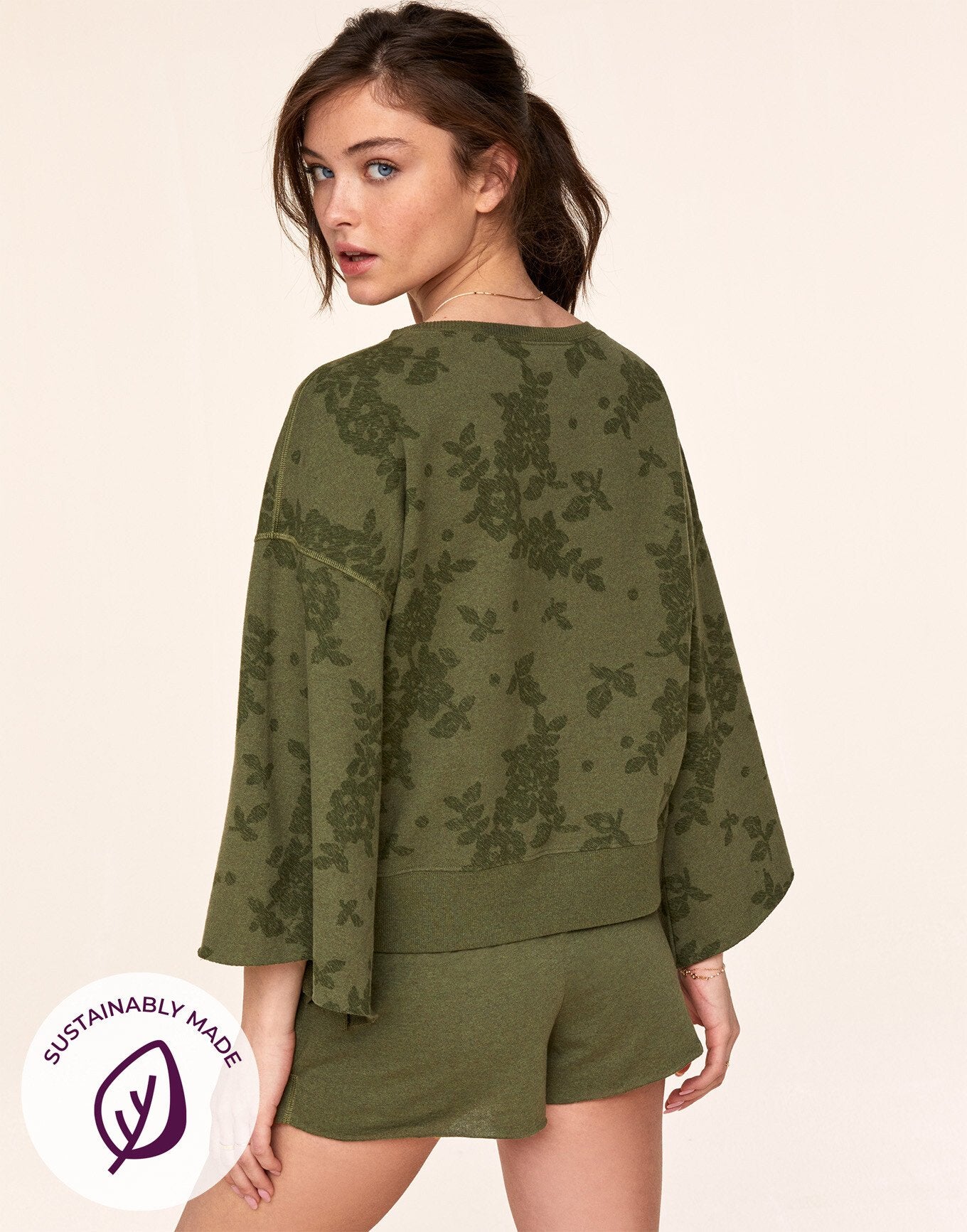 Adore Me Bailey Sweatshirt & Short Set in color Capulet Olive and shape pj