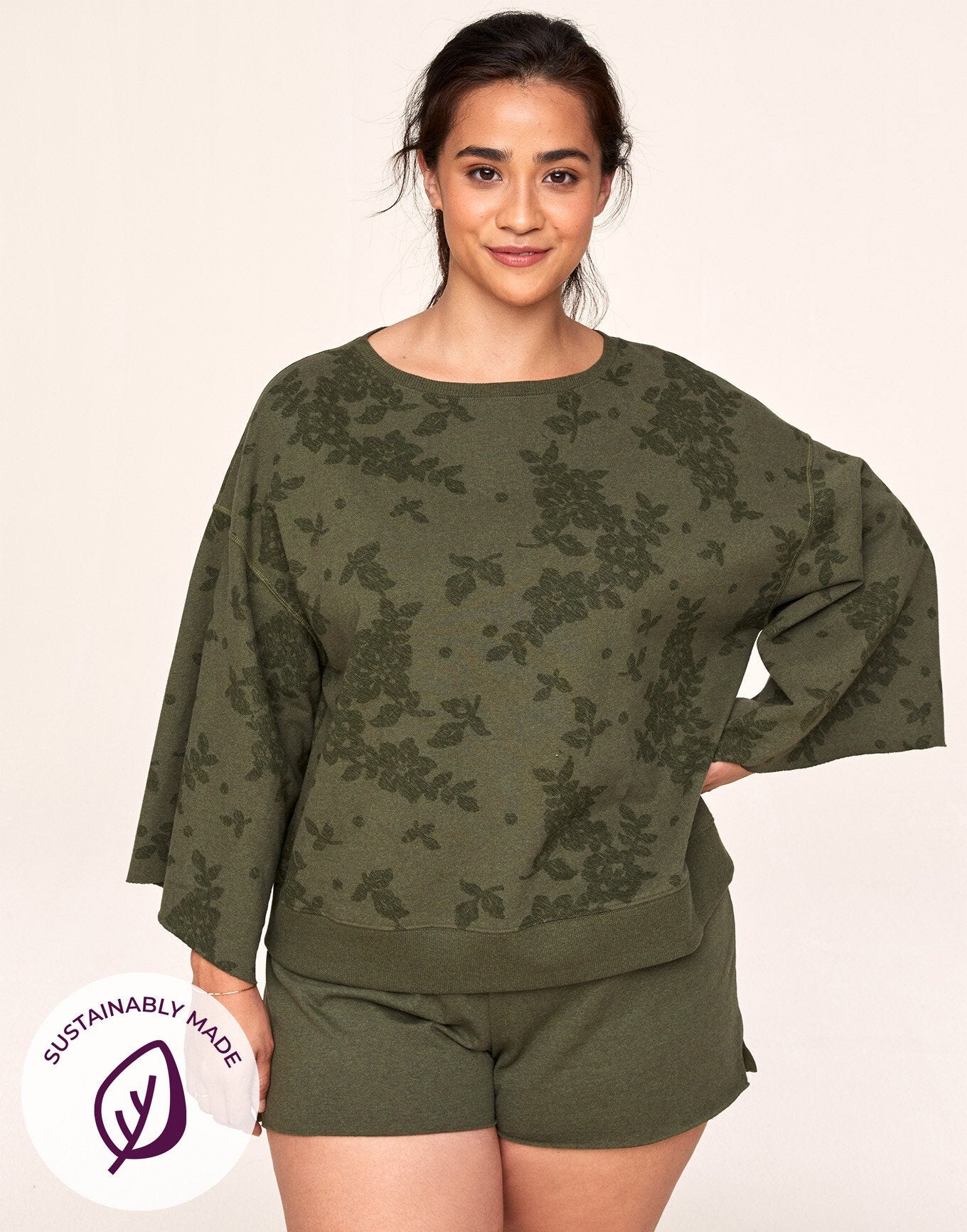 Adore Me Bailey Sweatshirt & Short Set in color Capulet Olive and shape pj