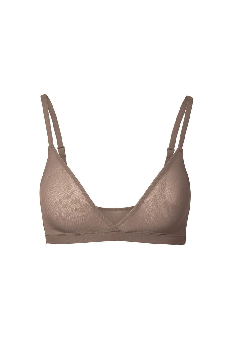 nueskin Viktoria Mesh Wireless Triangle Bralette in color Deep Taupe and shape bralette