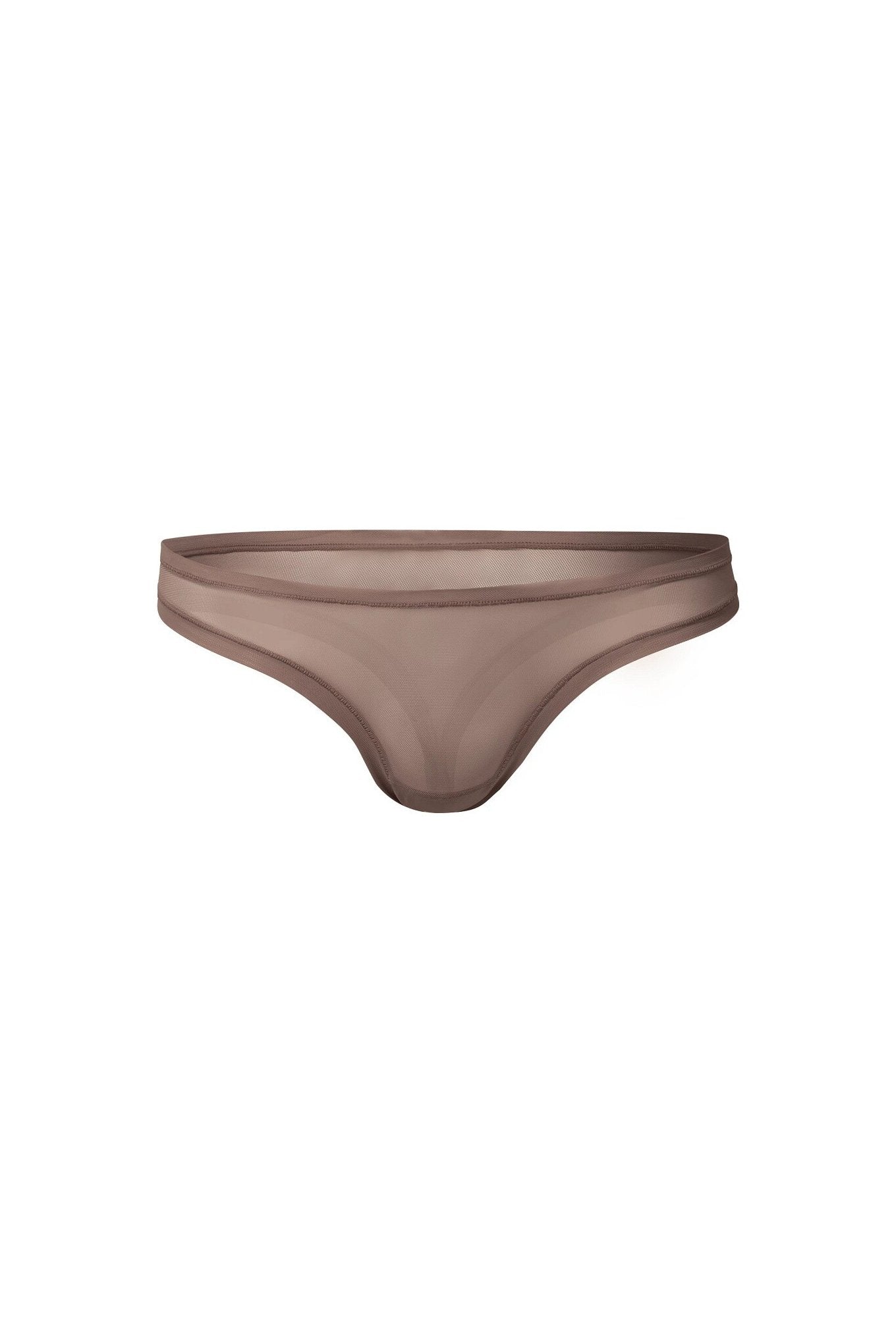 nueskin Bonnie Mesh Low-Rise Thong in color Deep Taupe and shape thong