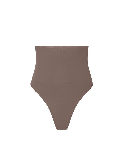 nueskin Elodie High-Compression High-Waist Thong in color Deep Taupe and shape thong