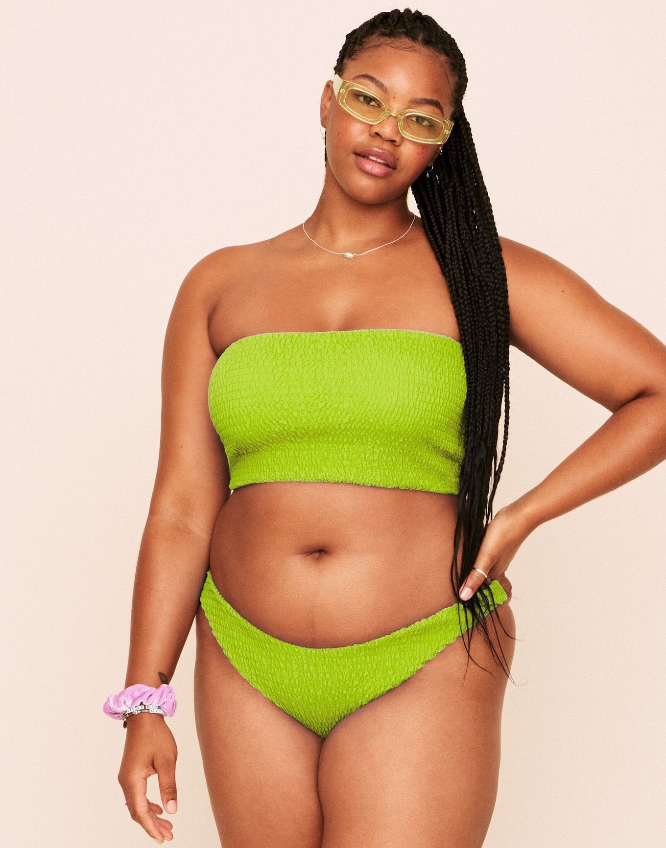 Earth Republic Arlette Smocking Bandeau Top Swim Top in color Acid Lime and shape bikini