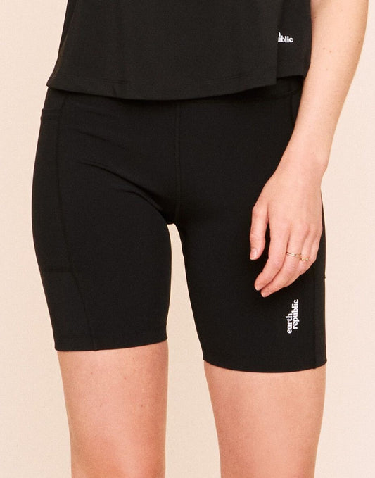 Earth Republic Anais High Waisted Short Biker Shorts in color Jet Black and shape short