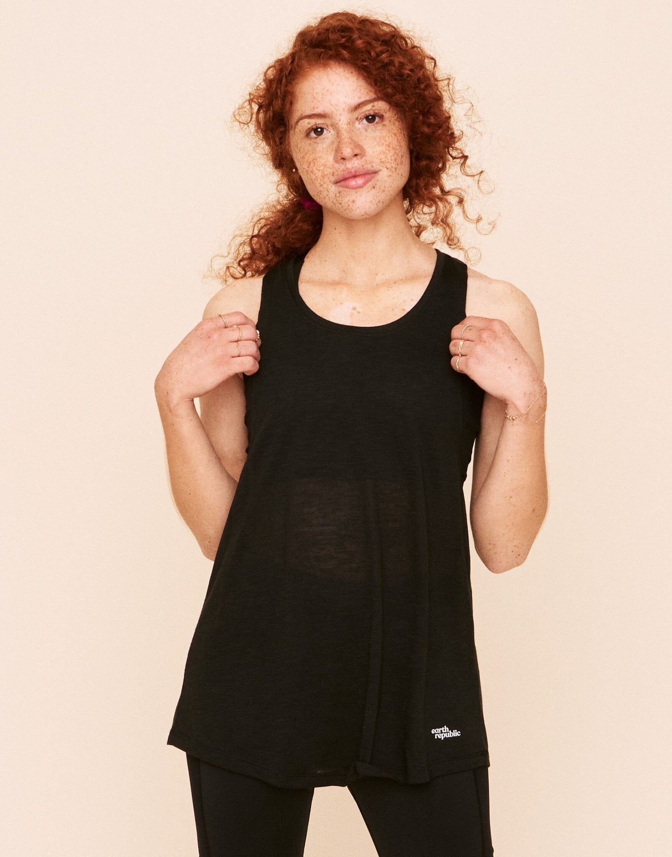 Earth Republic Emmaline Dropped Armhole Tank Workout Tank in color Jet Black and shape tank