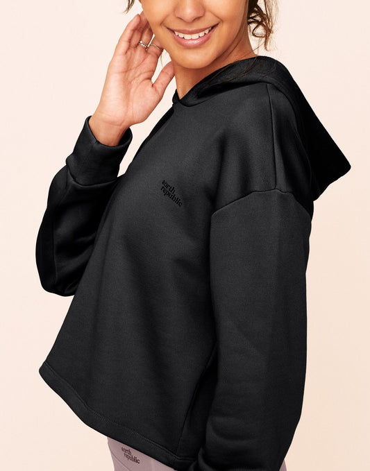 Earth Republic Myah Escape Luxe Hoodie Cropped Hoodie in color Jet Black and shape hoodie