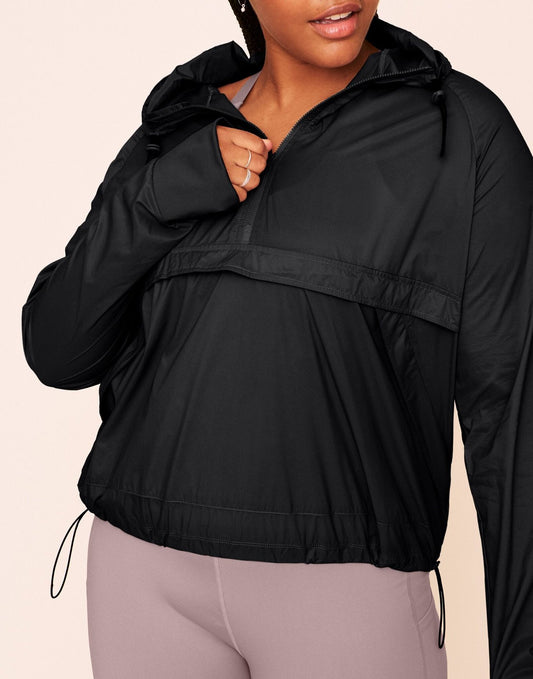 Earth Republic Lexie Sheer Windbreaker Jacket Hood in color Jet Black and shape jacket