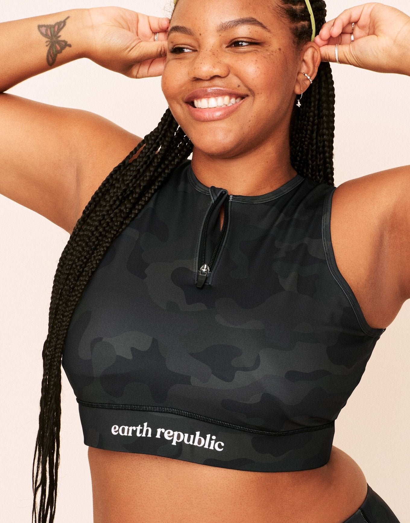 Earth Republic Axelle Sports Bra Sports Bra in color Dark Camo and shape sports bra