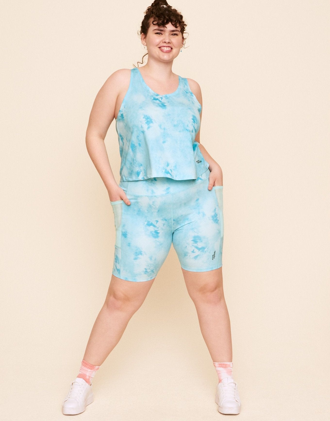 Earth Republic Anais High Waisted Short Biker Shorts in color Wash (Sports Print 3) and shape short
