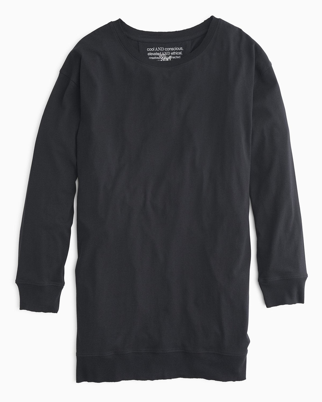 YesAnd Organic Long Sleeve Tee Shirt Dress Tee Shirt Dress in color Jet Black and shape sheath