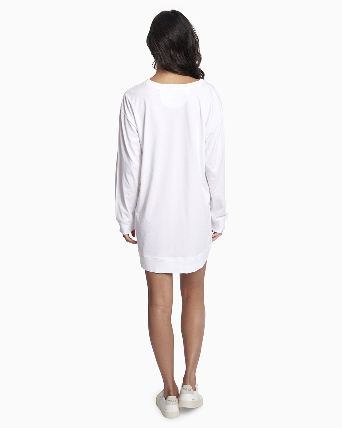 YesAnd Organic Long Sleeve Tee Shirt Dress Tee Shirt Dress in color Bright White and shape sheath