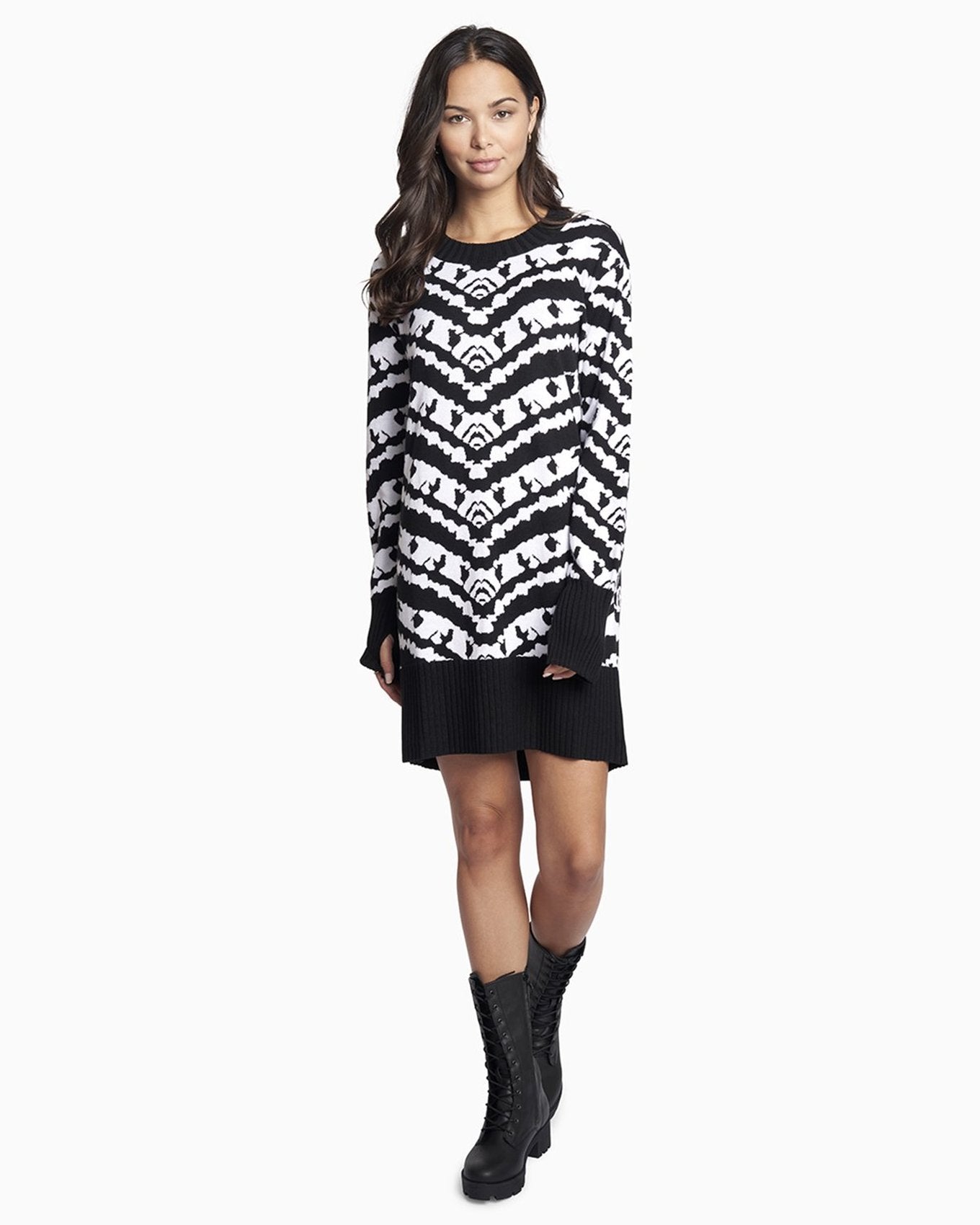 YesAnd Organic Knit Sweater Dress Knit Sweater Dress in color B&W Jacquard C01 and shape sheath