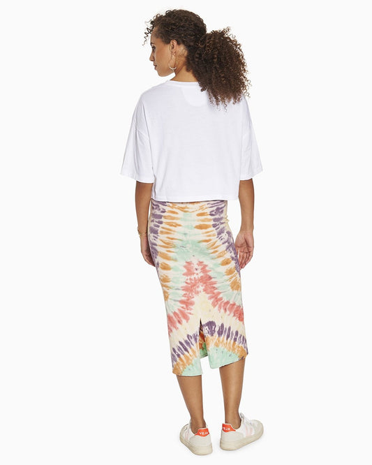YesAnd Organic Tie Dye Midi Pencil Skirt Pencil Skirt in color Multi Tie Dye C01 and shape pencil