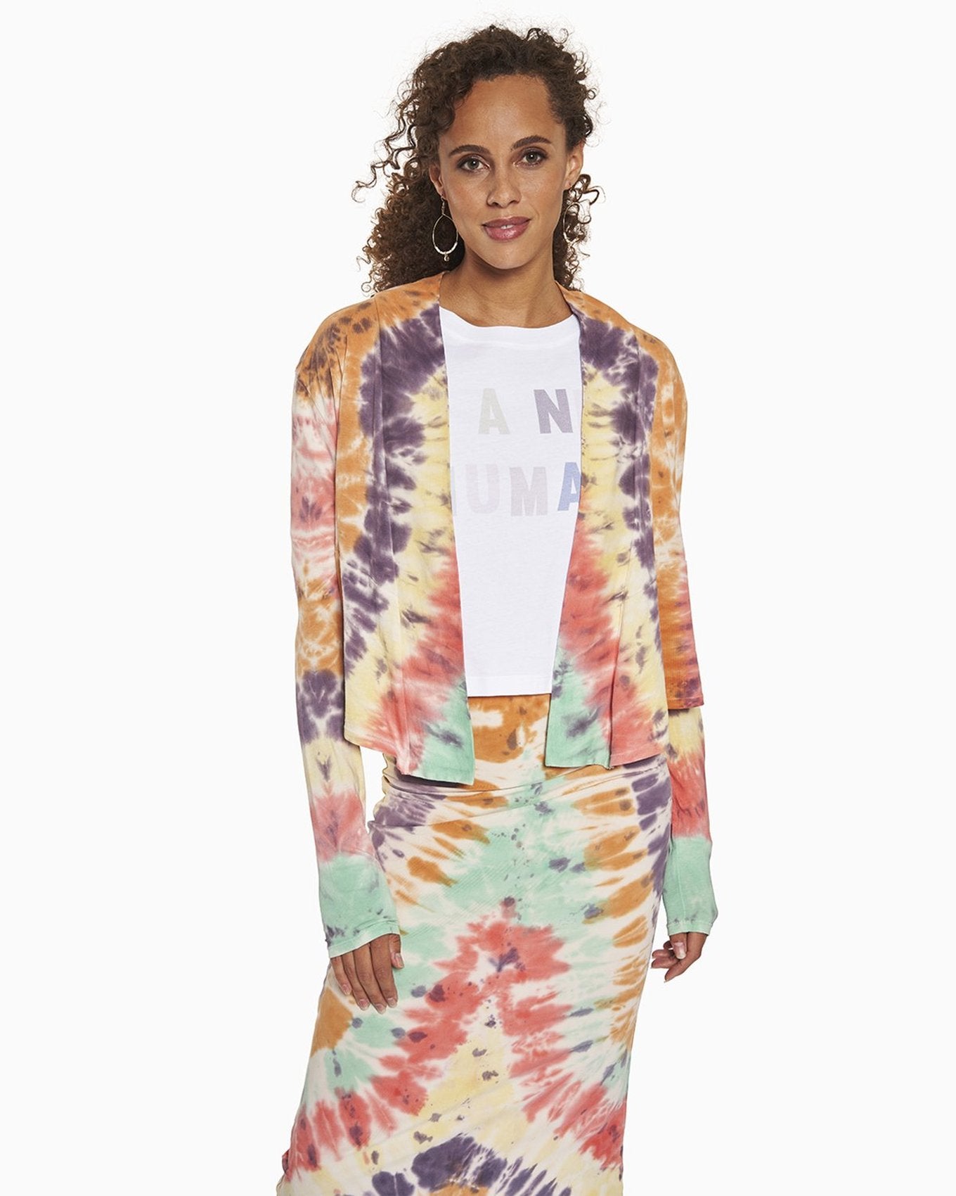 YesAnd Organic Tie Dye Midi Pencil Skirt Pencil Skirt in color Multi Tie Dye C01 and shape pencil