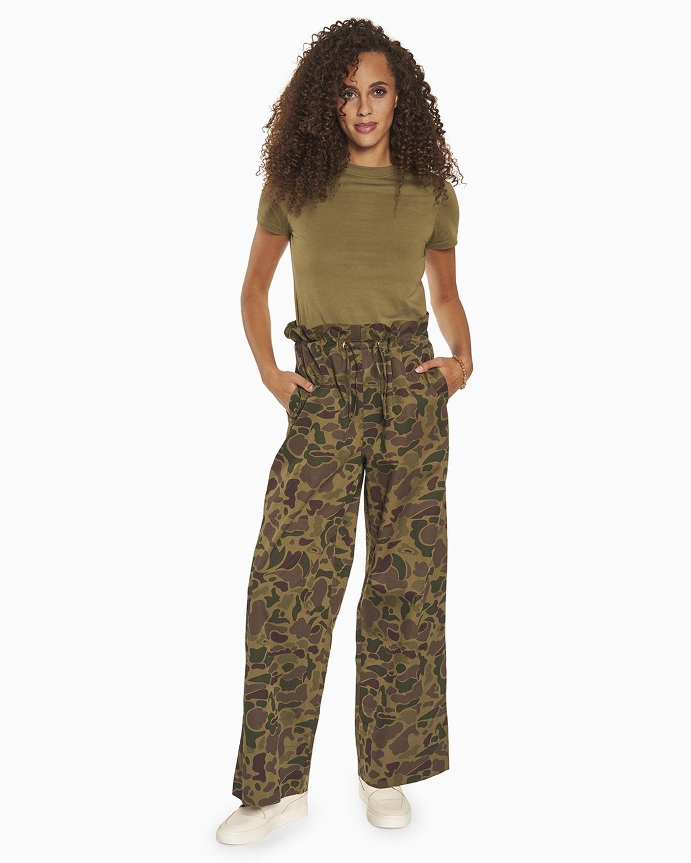 YesAnd Organic Print Paperbag Wide Leg Pant Wide Leg Pant in color Romantic Camo and shape lounge pant