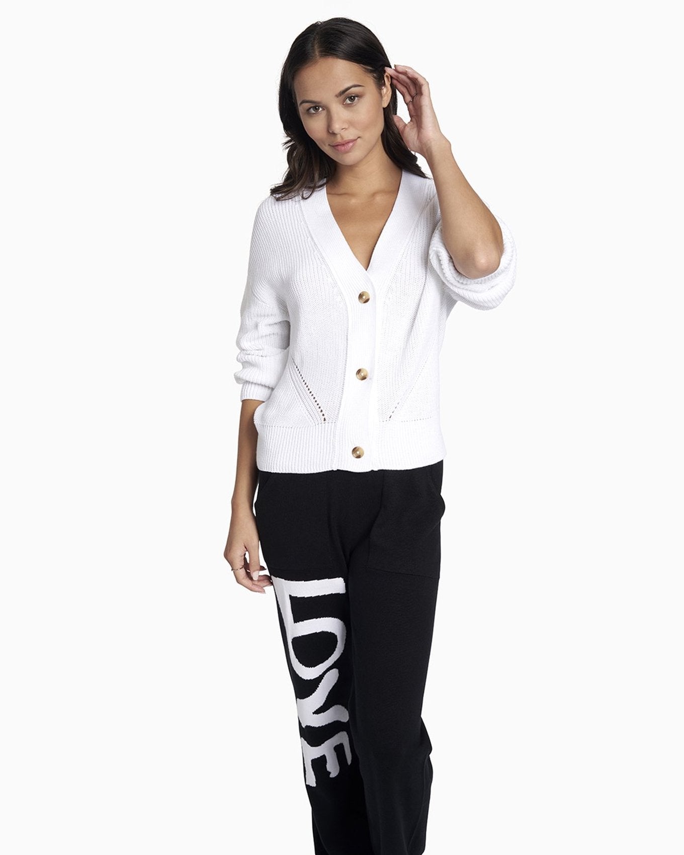 YesAnd Organic Knit Pant Knit Pant in color White Love on Black and shape pants