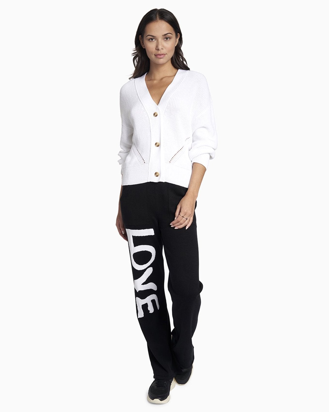 YesAnd Organic Knit Pant Knit Pant in color White Love on Black and shape pants
