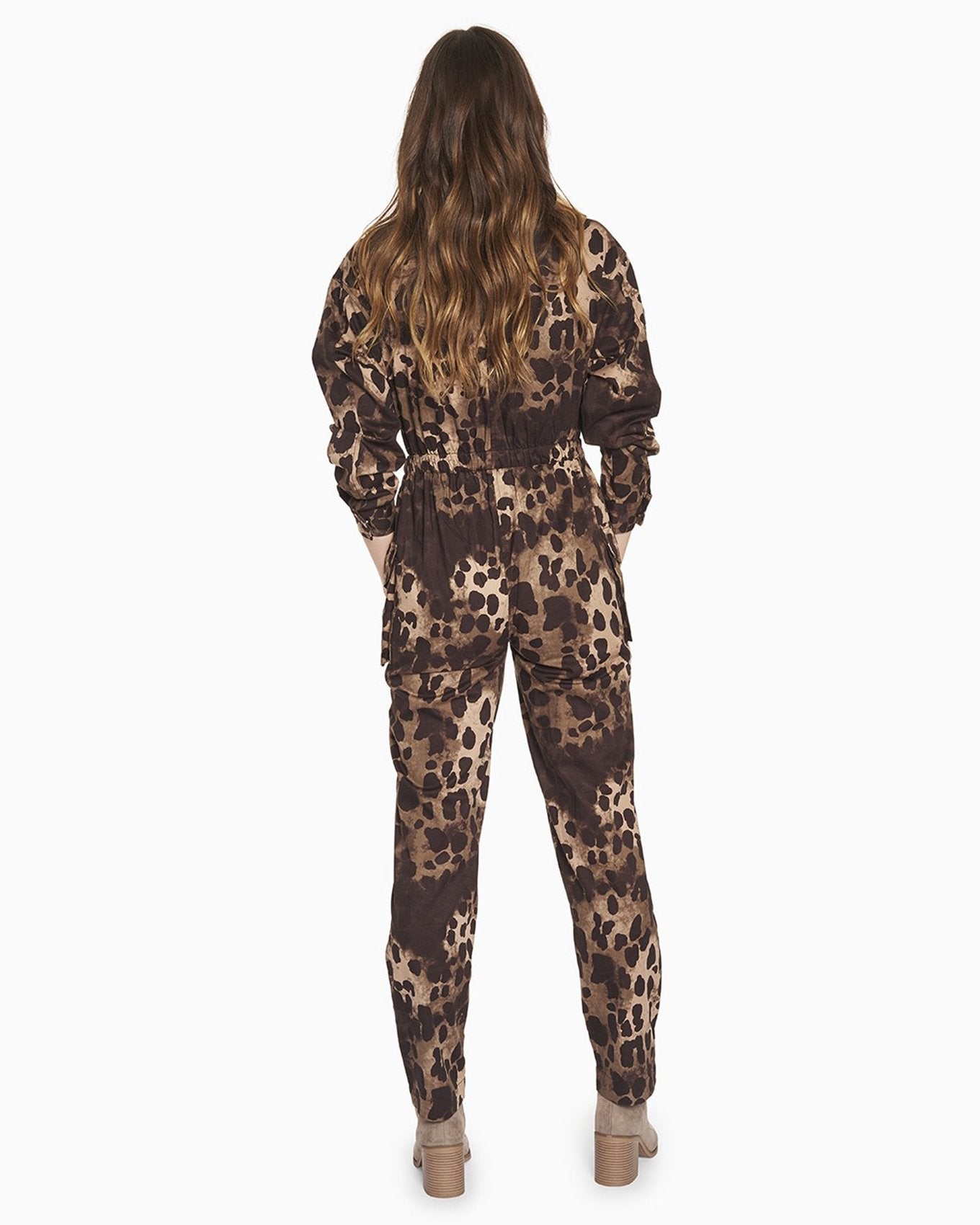 YesAnd Organic Print Zip Front Jumpsuit Jumpsuit in color Classic Leopard C01 and shape jumpsuit