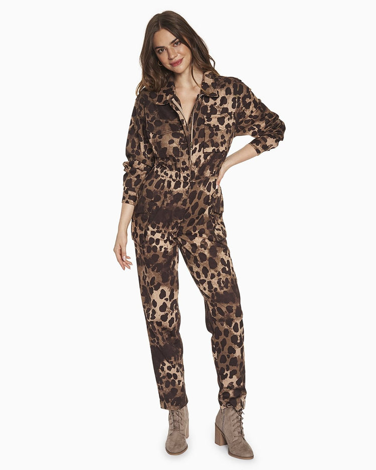 YesAnd Organic Print Zip Front Jumpsuit Jumpsuit in color Classic Leopard C01 and shape jumpsuit