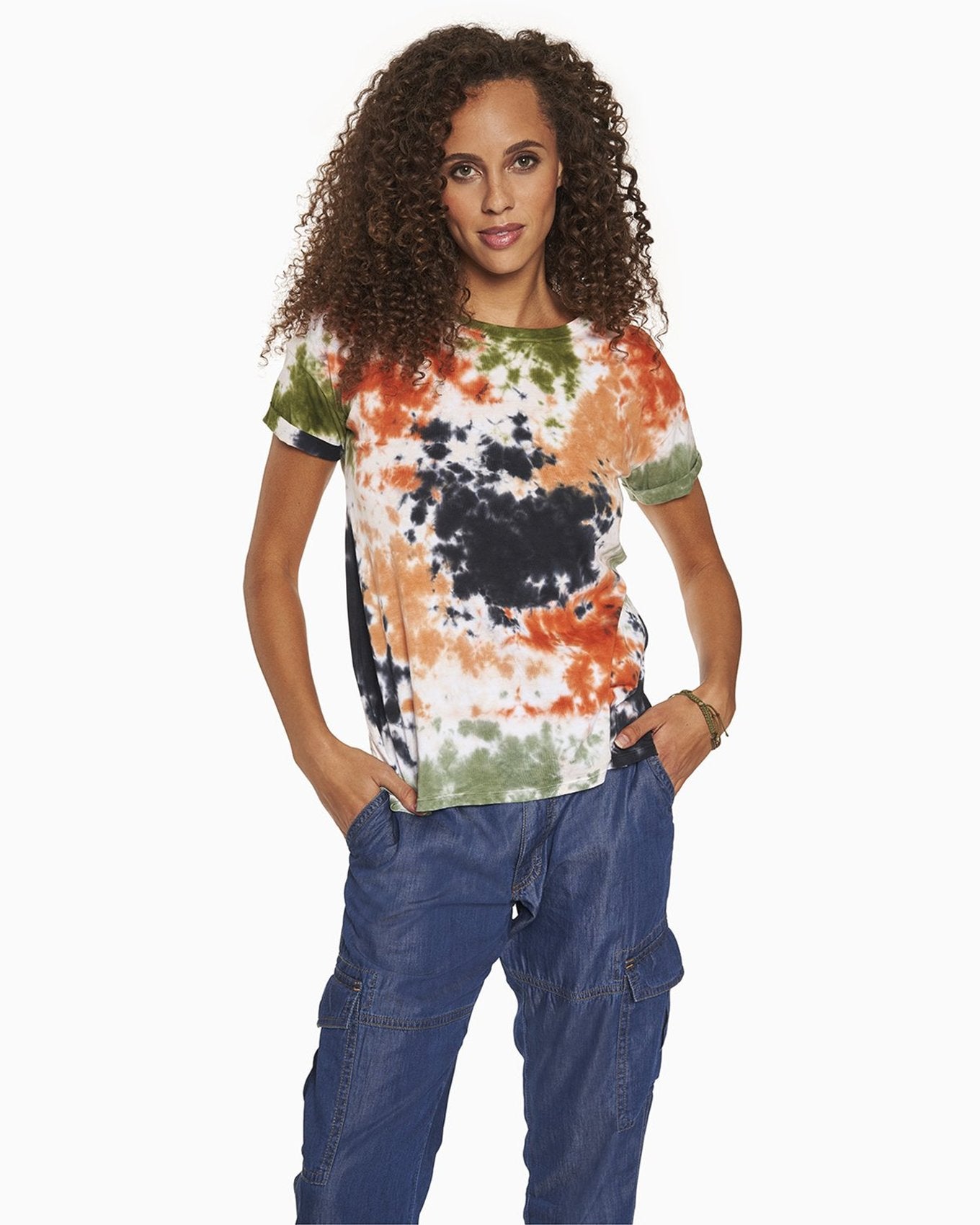 YesAnd Organic Tie Dye Rolled Short Sleeve T-Shirt T-Shirt in color Earth Tie Dye and shape t-shirt