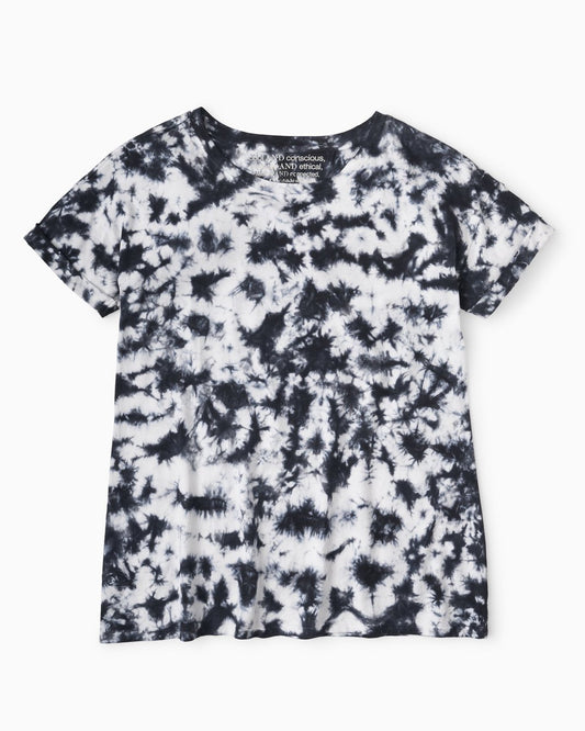 YesAnd Organic Tie Dye Rolled Short Sleeve T-Shirt T-Shirt in color B&W Tie Dye C01 and shape t-shirt