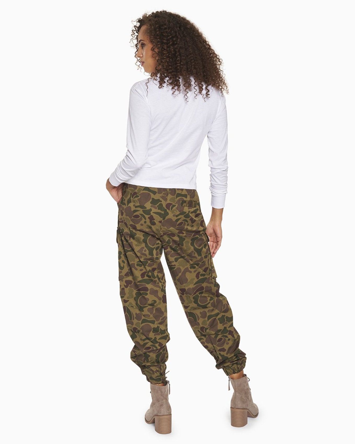 YesAnd Organic Print Utility Jogger Jogger in color Romantic Camo and shape jogger/sweatpant