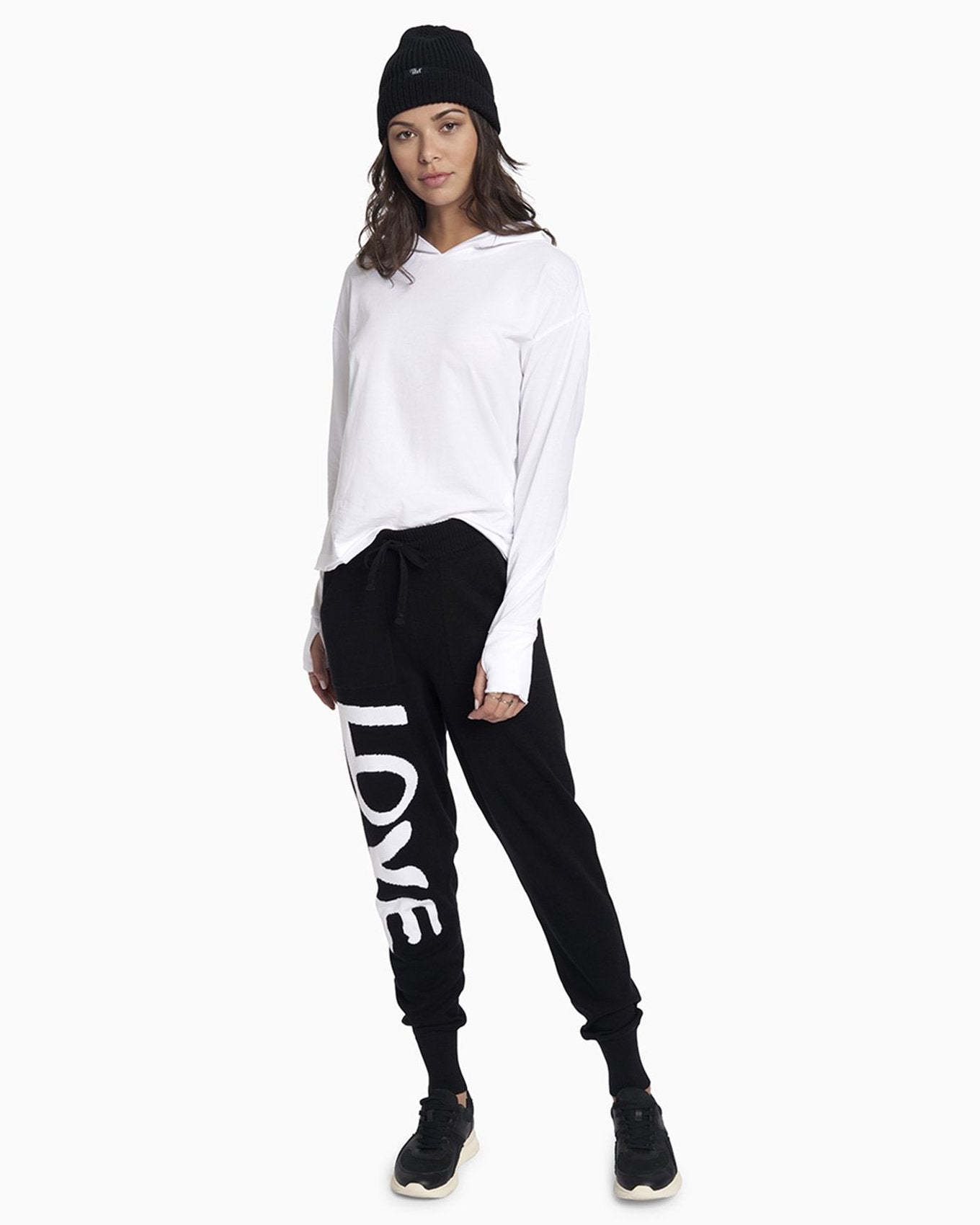 YesAnd Organic Knit Jogger Knit Jogger in color White Love on Black and shape jogger/sweatpant