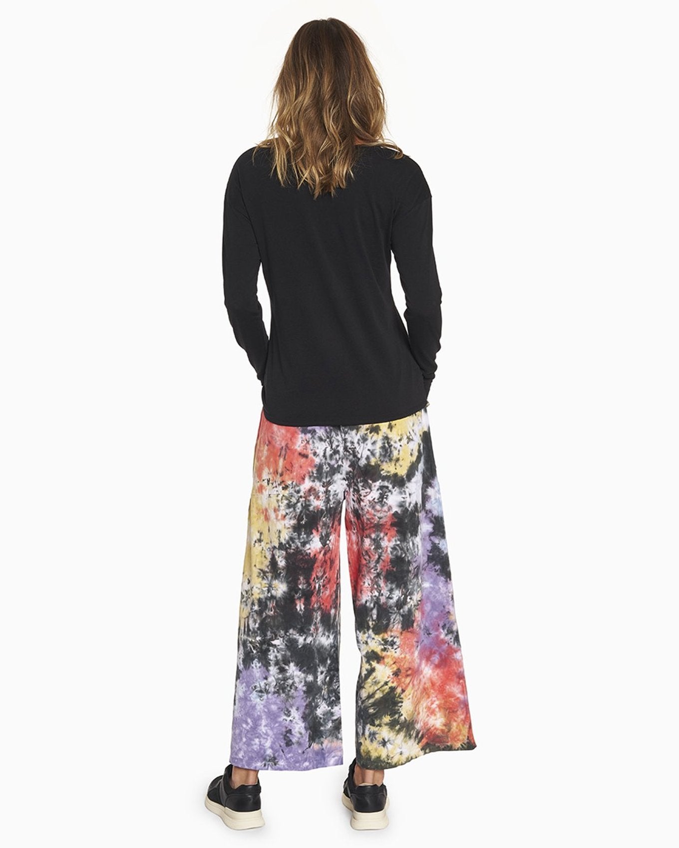 YesAnd Organic Tie Dye Wide Leg Cropped Pants Pants in color Splatter Tie Dye C02 and shape pants