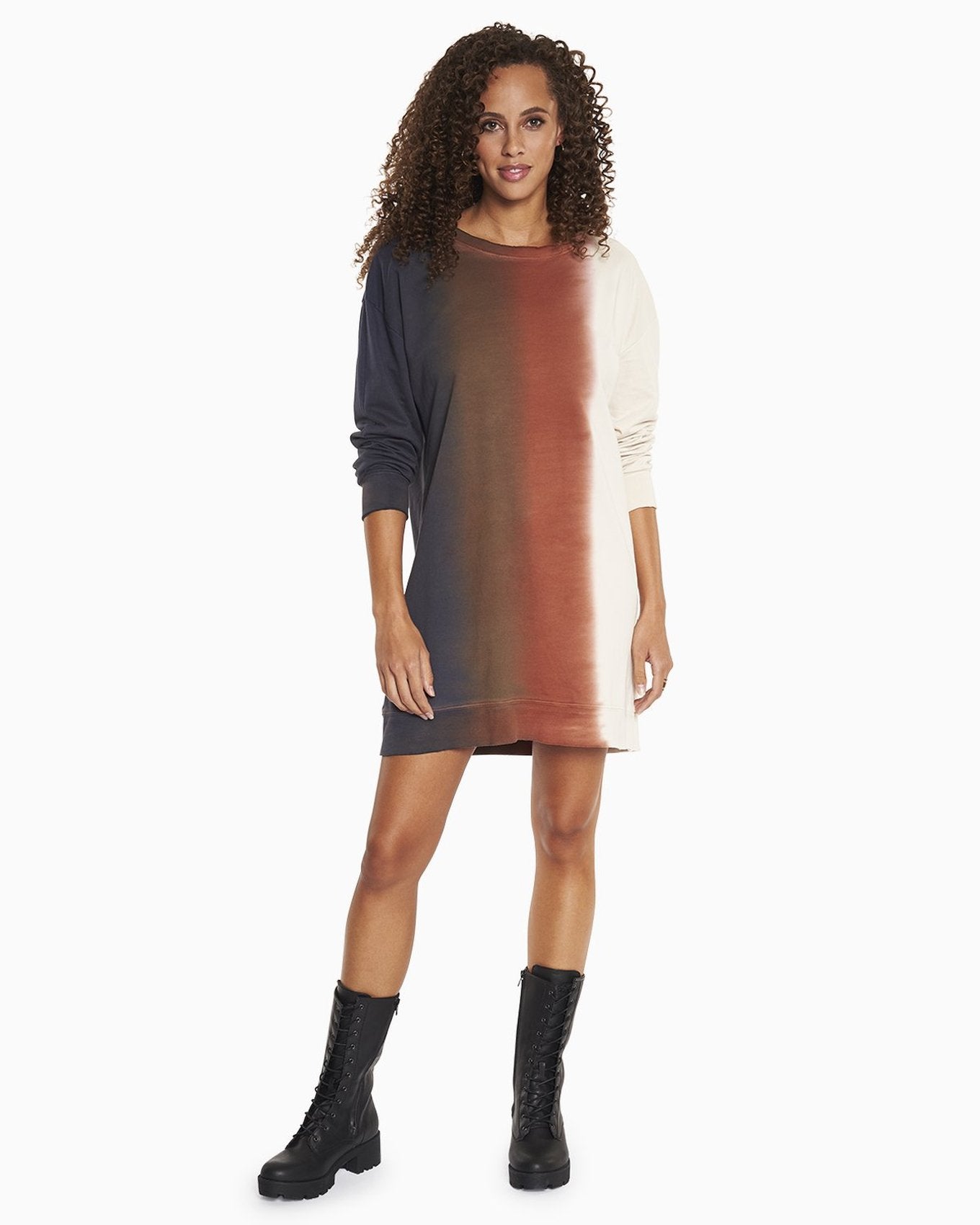 YesAnd Organic Tie Dye Sweatshirt Dress Sweatshirt Dress in color Vertical Tie Dye  and shape sheath
