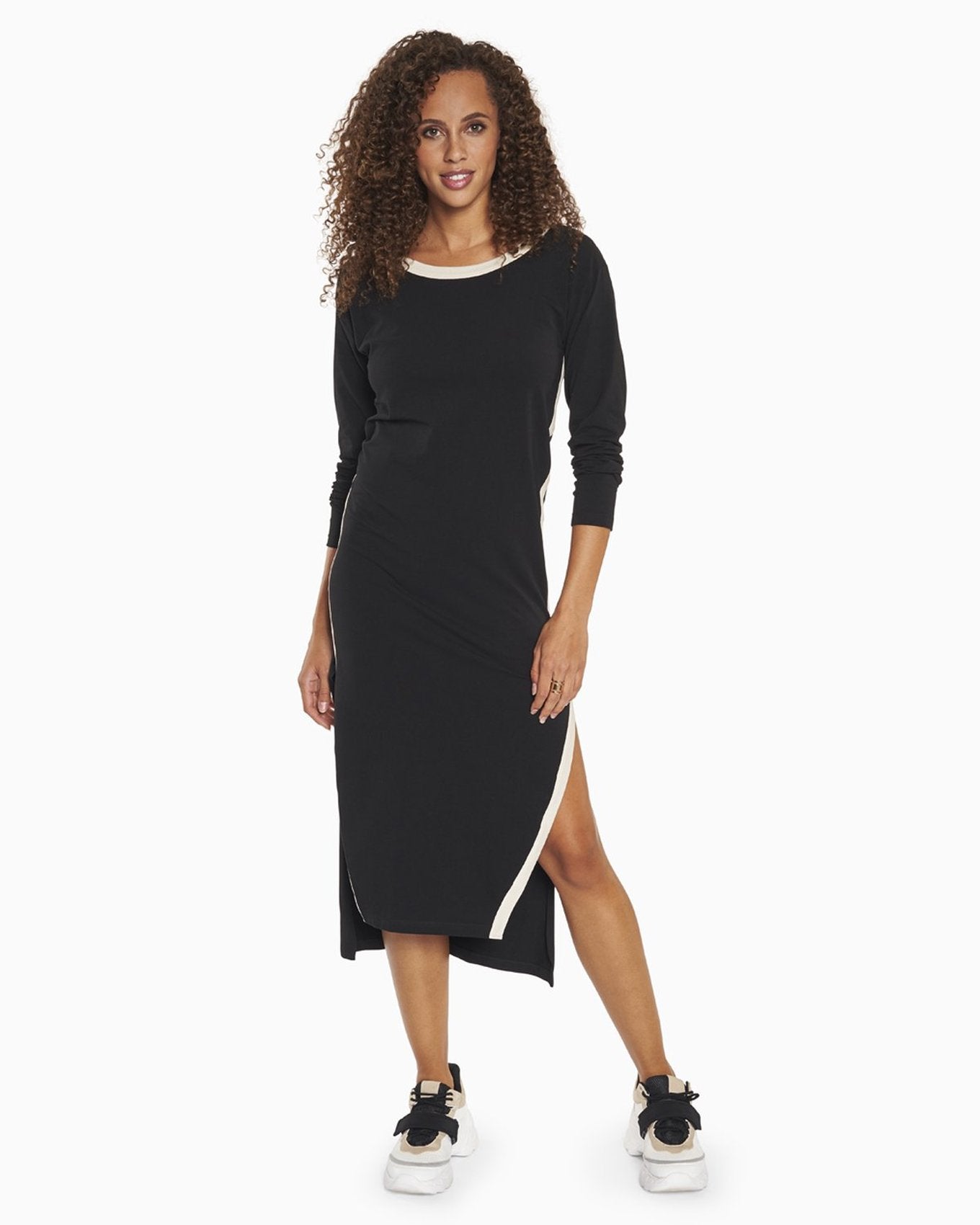 YesAnd Organic Midi Track Style Dress Dress in color Jet Black and shape sheath