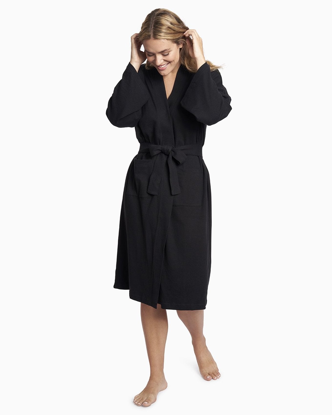 YesAnd Organic Knit Robe Knit Robe in color Jet Black and shape robe