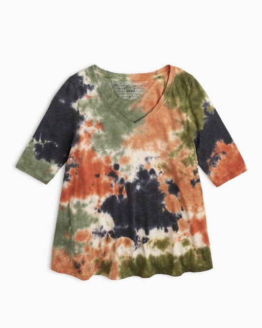 YesAnd Organic Tie Dye V-Neck Elbow Sleeve T-Shirt T-Shirt in color Earth Tie Dye and shape t-shirt