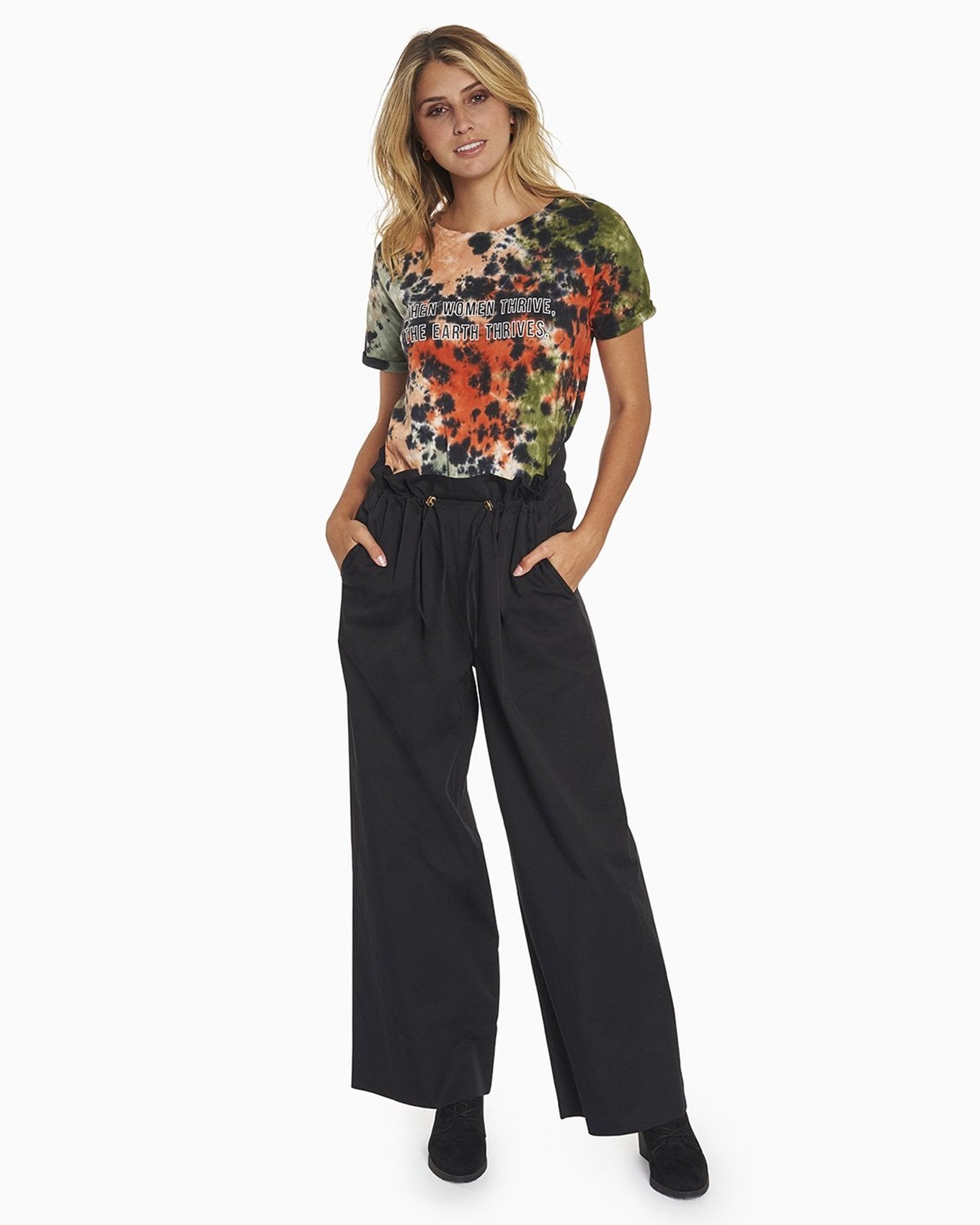 YesAnd Organic Paperbag Wide Leg Pant Wide Leg Pant in color Jet Black and shape pants