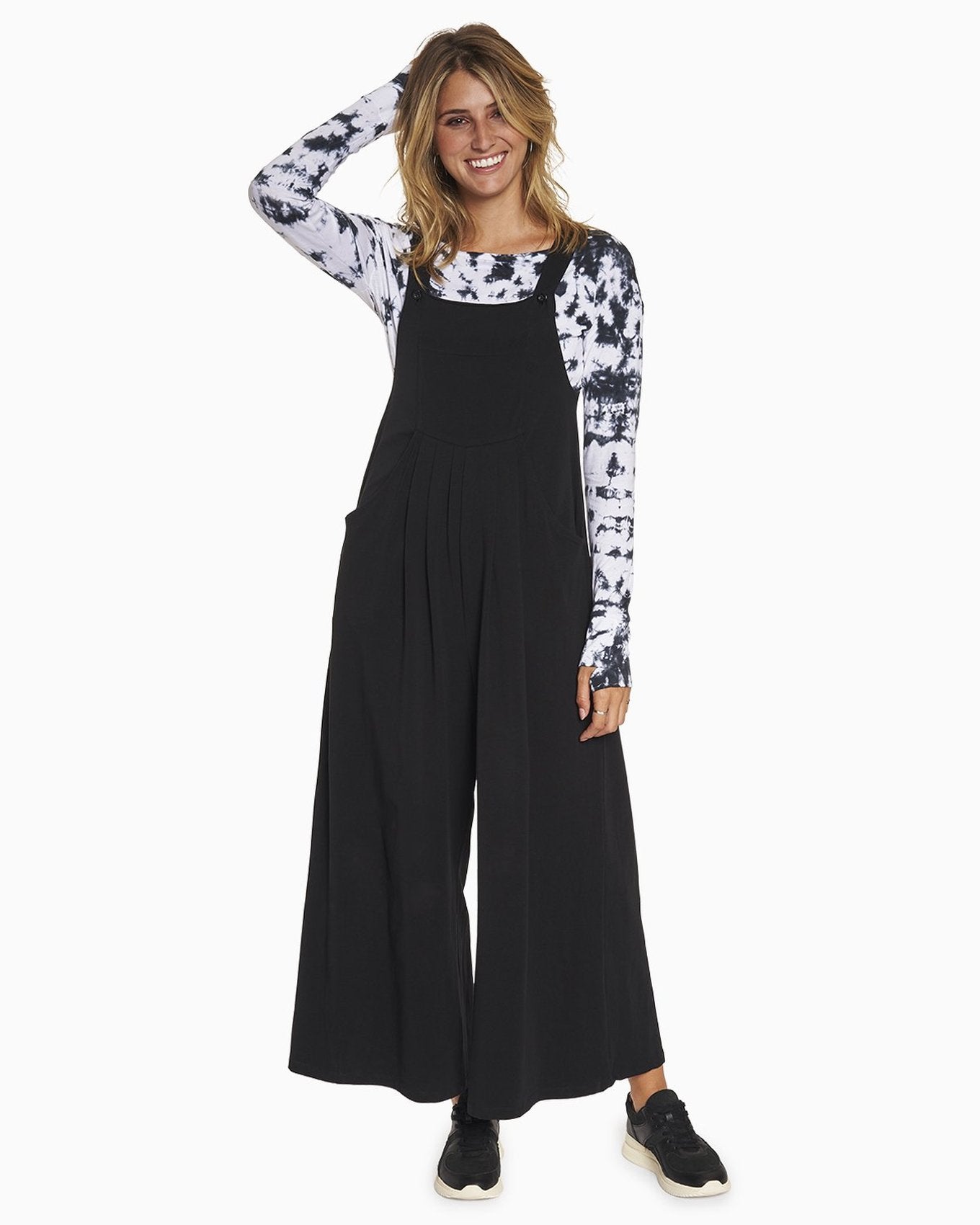 YesAnd Organic Knit Overalls Knit Overalls in color Jet Black and shape jumpsuit