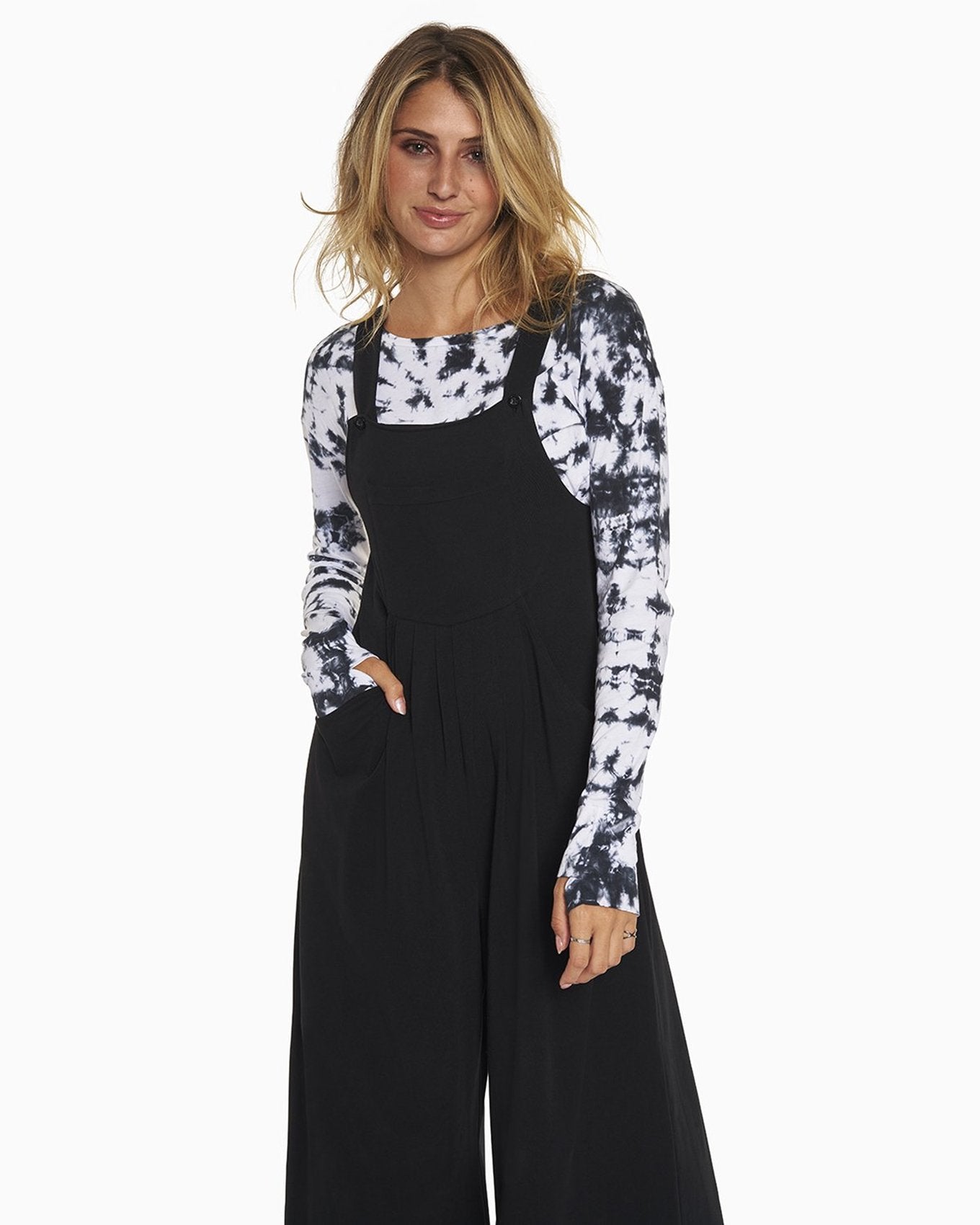 YesAnd Organic Knit Overalls Knit Overalls in color Jet Black and shape jumpsuit