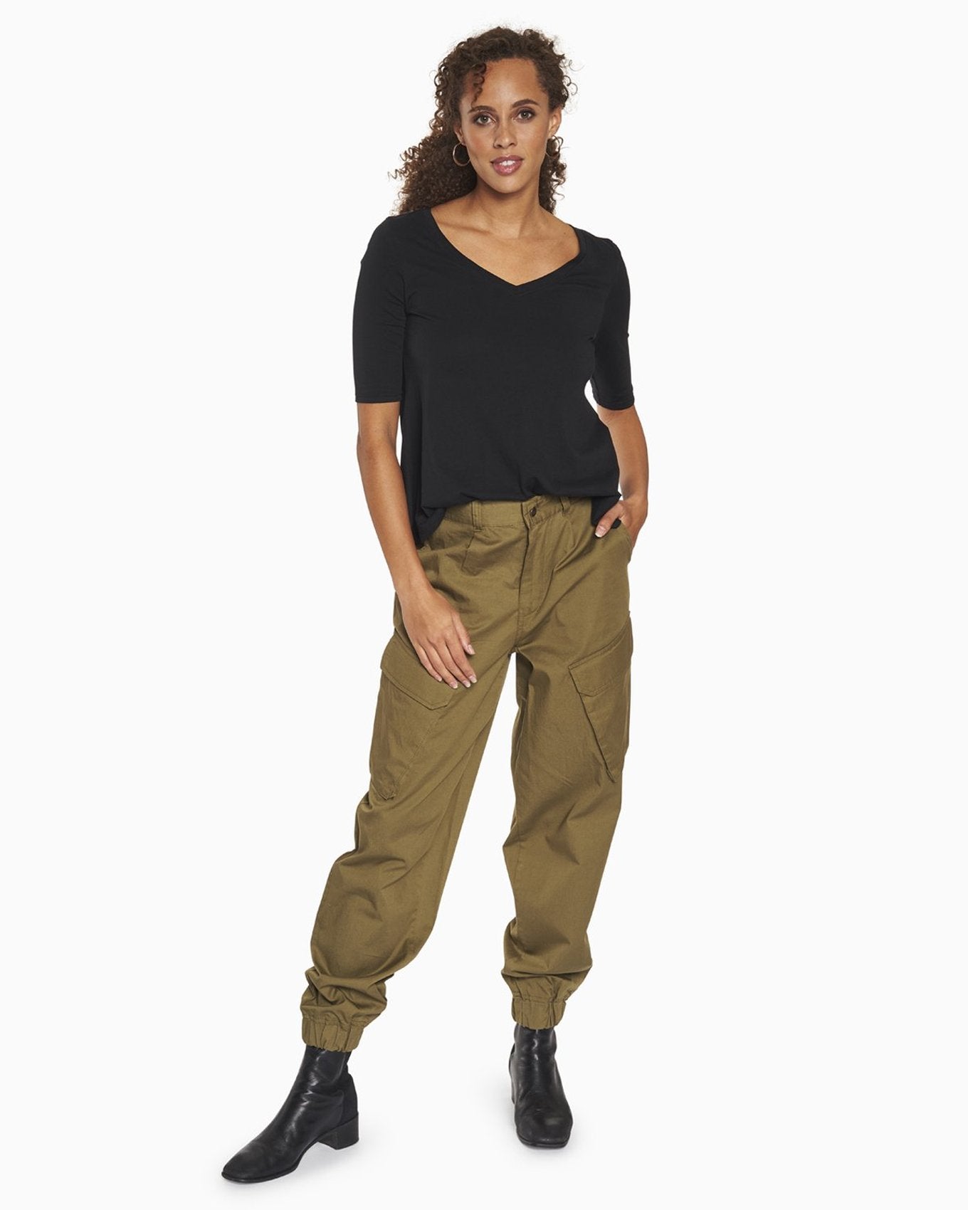 YesAnd Organic Utility Jogger Jogger in color Olive Branch and shape jogger/sweatpant