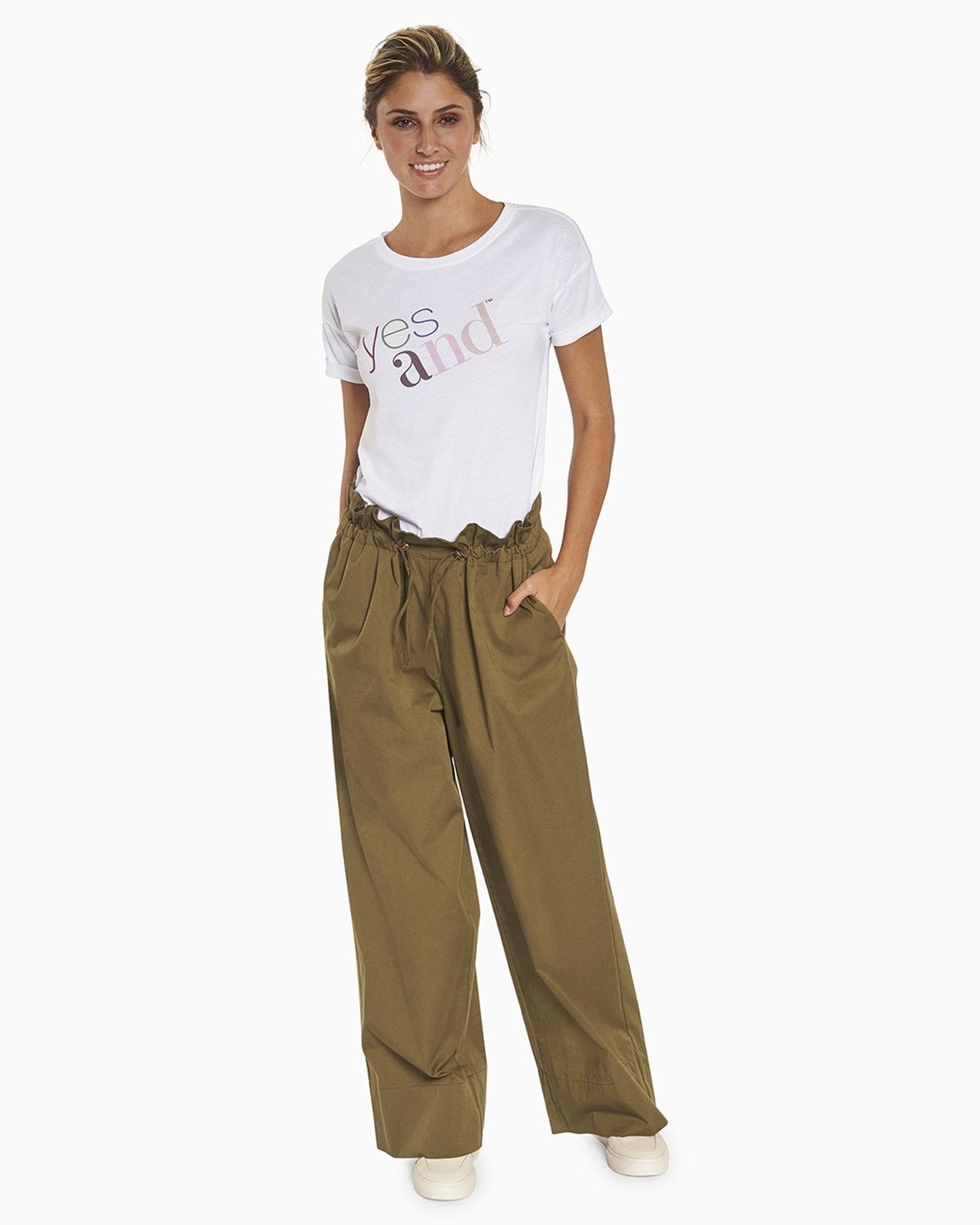 YesAnd Organic Paperbag Wide Leg Pant Wide Leg Pant in color Olive Branch and shape pants