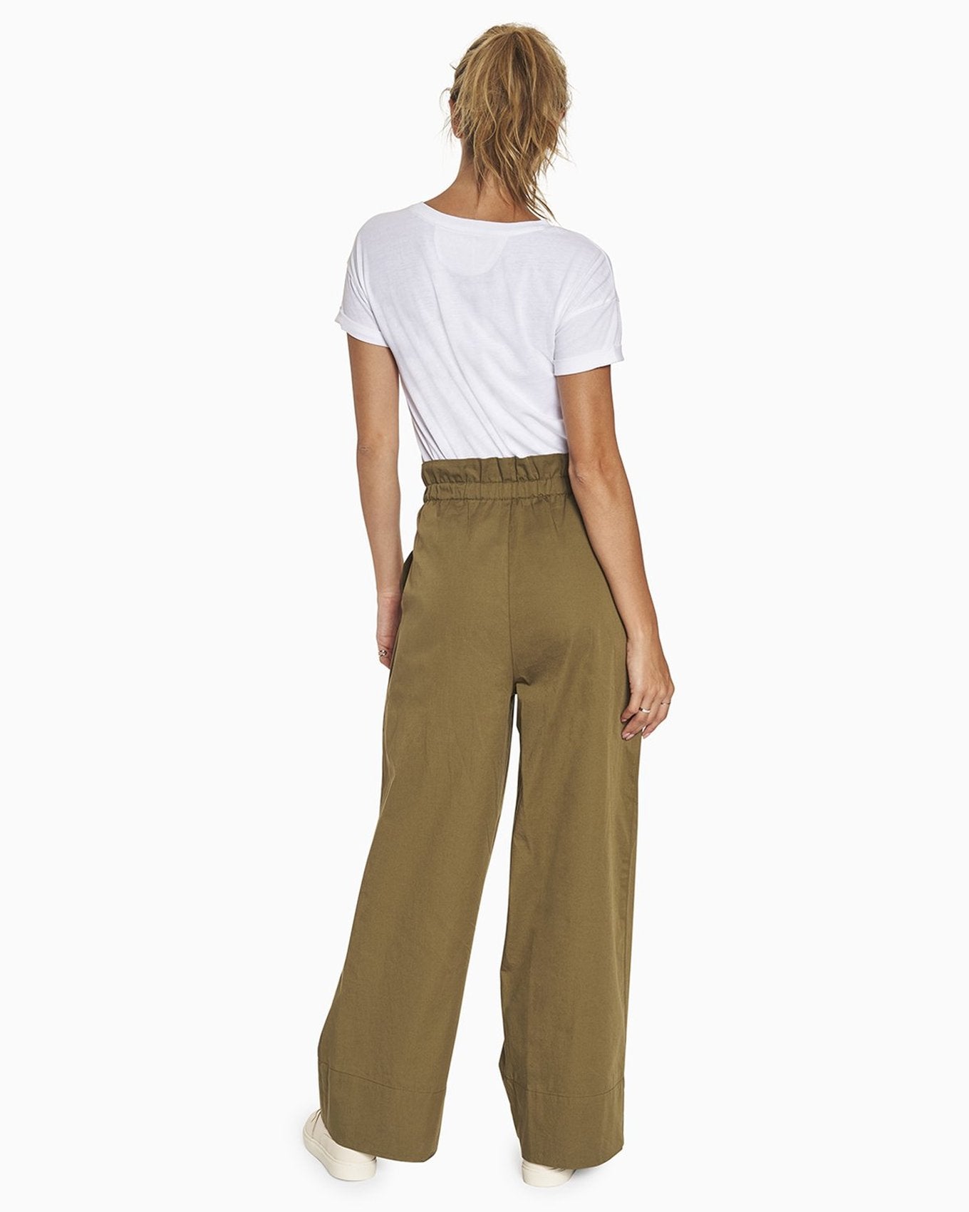 YesAnd Organic Paperbag Wide Leg Pant Wide Leg Pant in color Olive Branch and shape pants