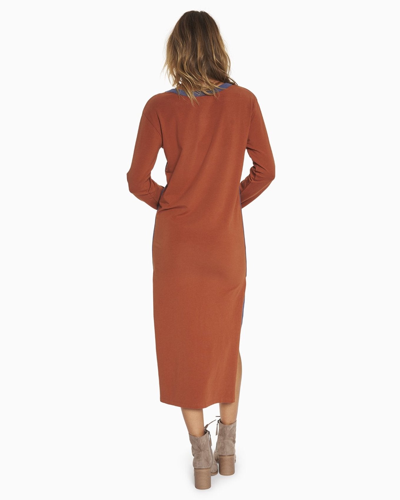 YesAnd Organic Midi Track Style Dress Dress in color Mocha Bisque and shape sheath