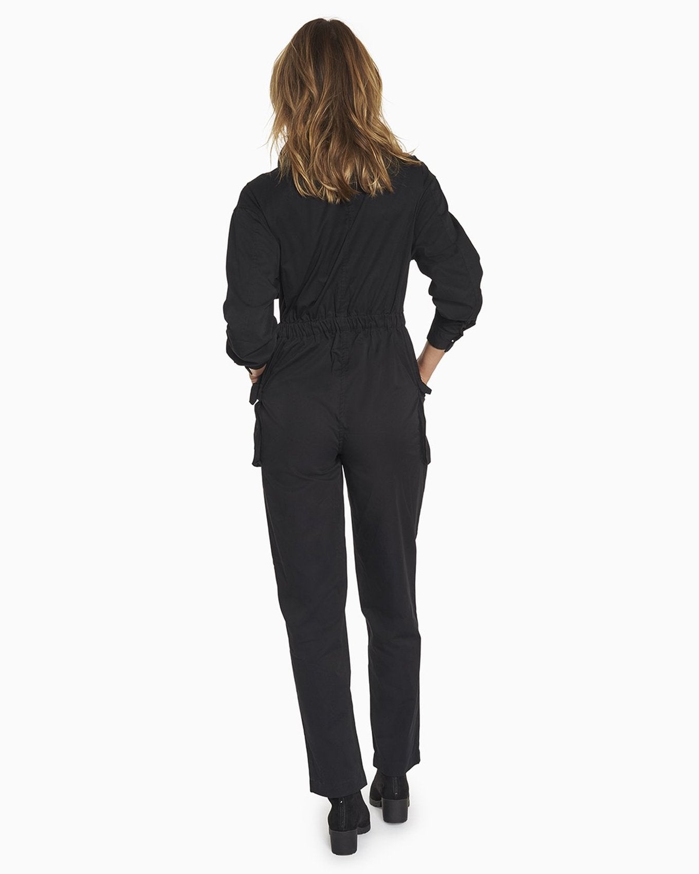 YesAnd Organic Zip Front Jumpsuit Jumpsuit in color Jet Black and shape jumpsuit