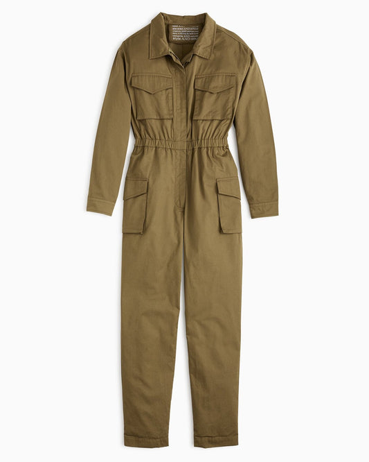 YesAnd Organic Zip Front Jumpsuit Jumpsuit in color Olive Branch and shape jumpsuit