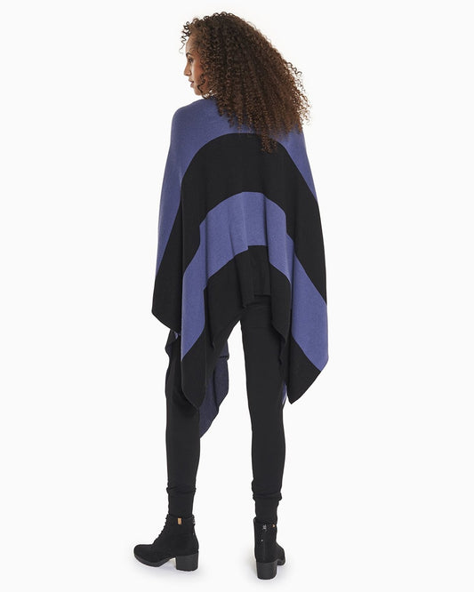 YesAnd Organic Color Block Wrap Sweater Wrap Sweater in color Black and Indigo Stripe C01 and shape sweater