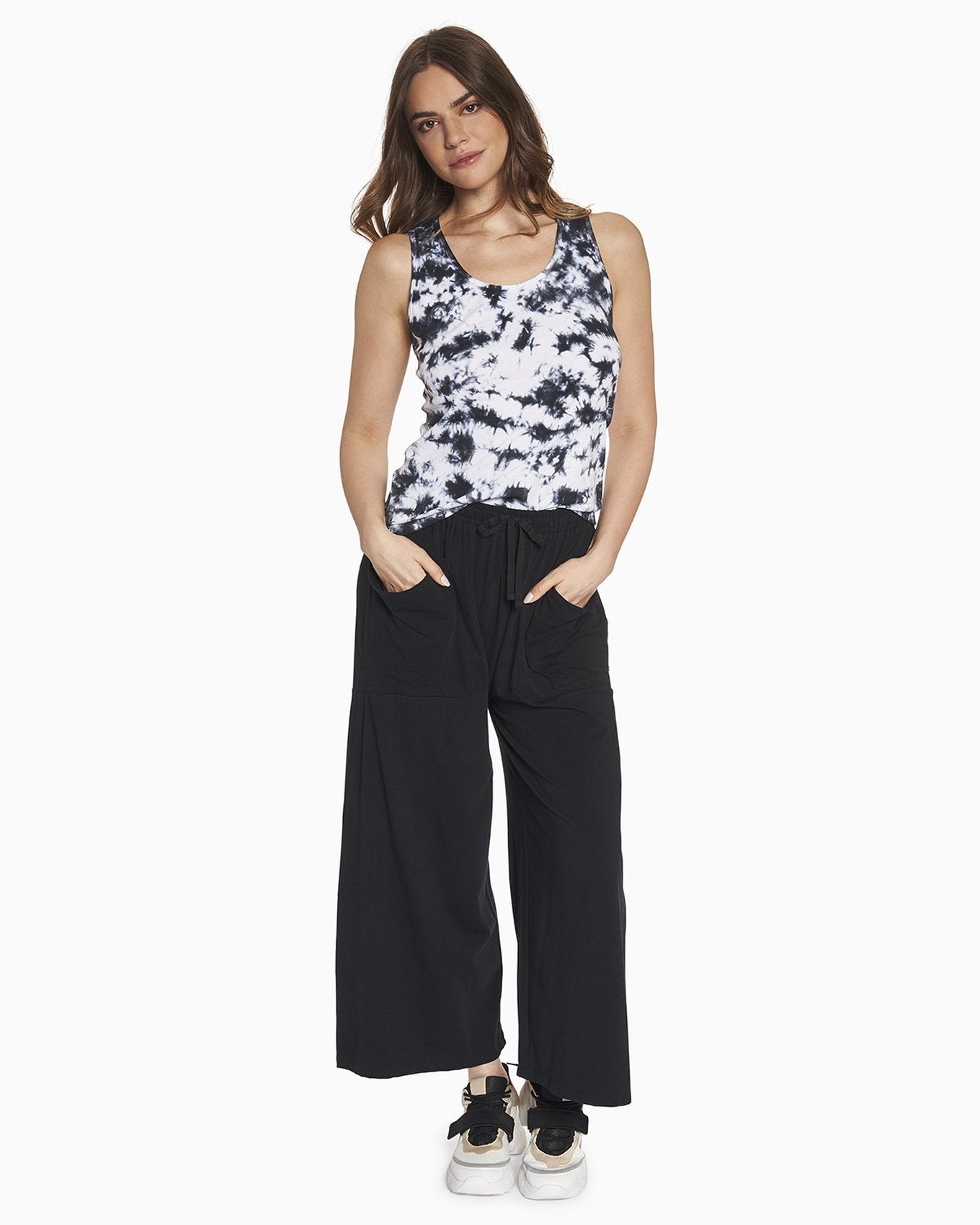 YesAnd Organic High Pocket Wide Leg Pant Wide Leg Pant in color Jet Black and shape pants