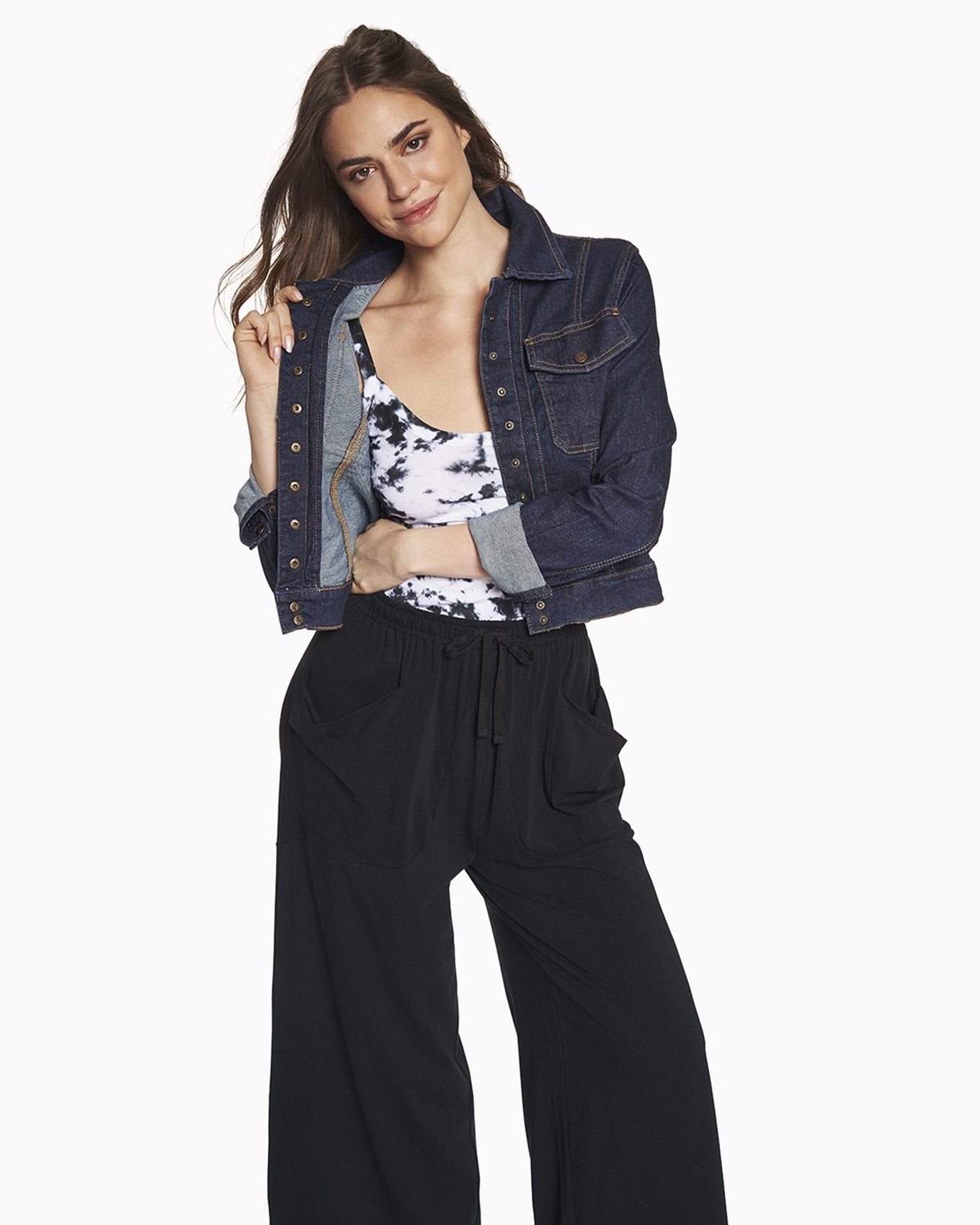 YesAnd Organic High Pocket Wide Leg Pant Wide Leg Pant in color Jet Black and shape pants