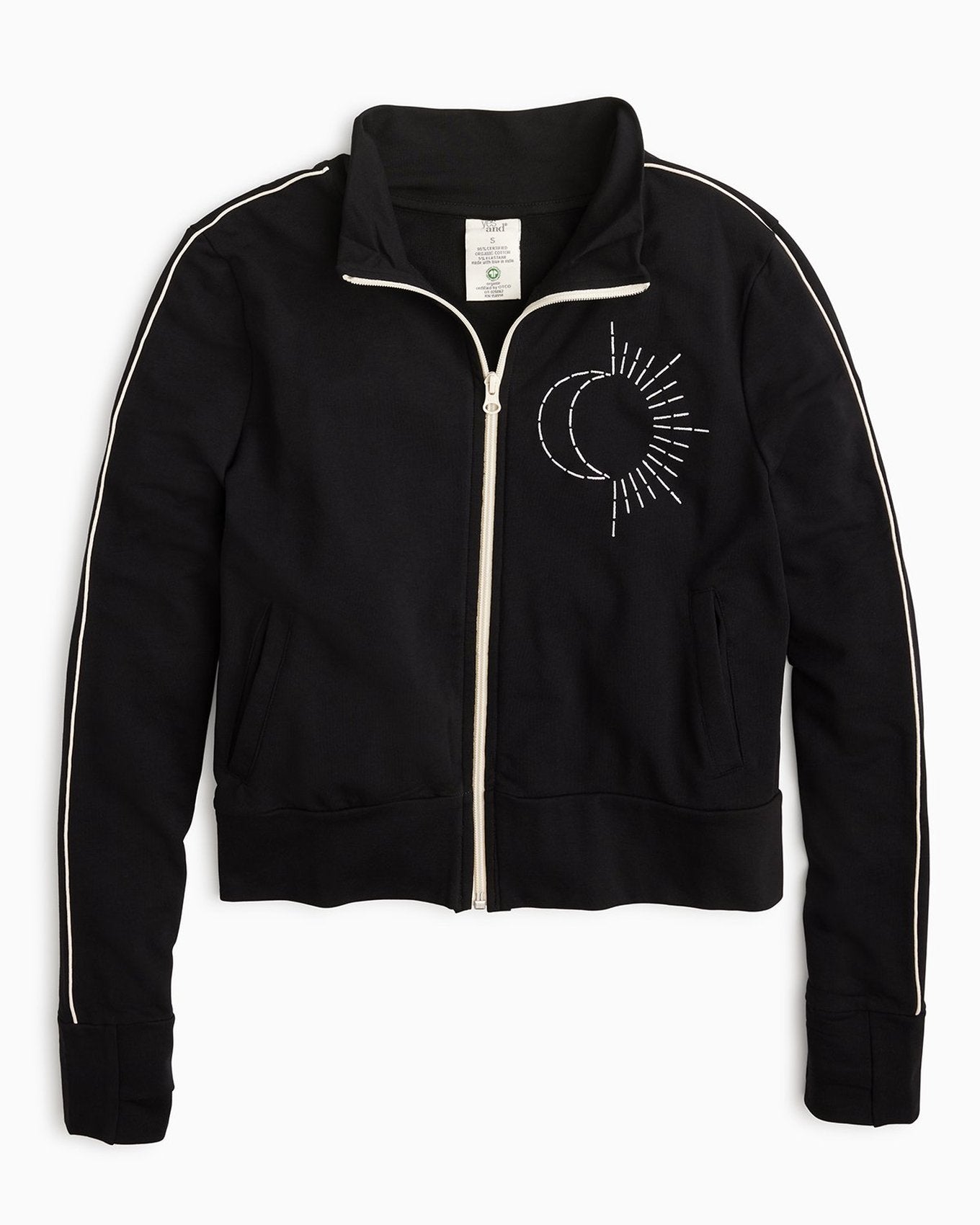 YesAnd Organic Embroidered Track Jacket Jacket in color Jet Black and shape jacket