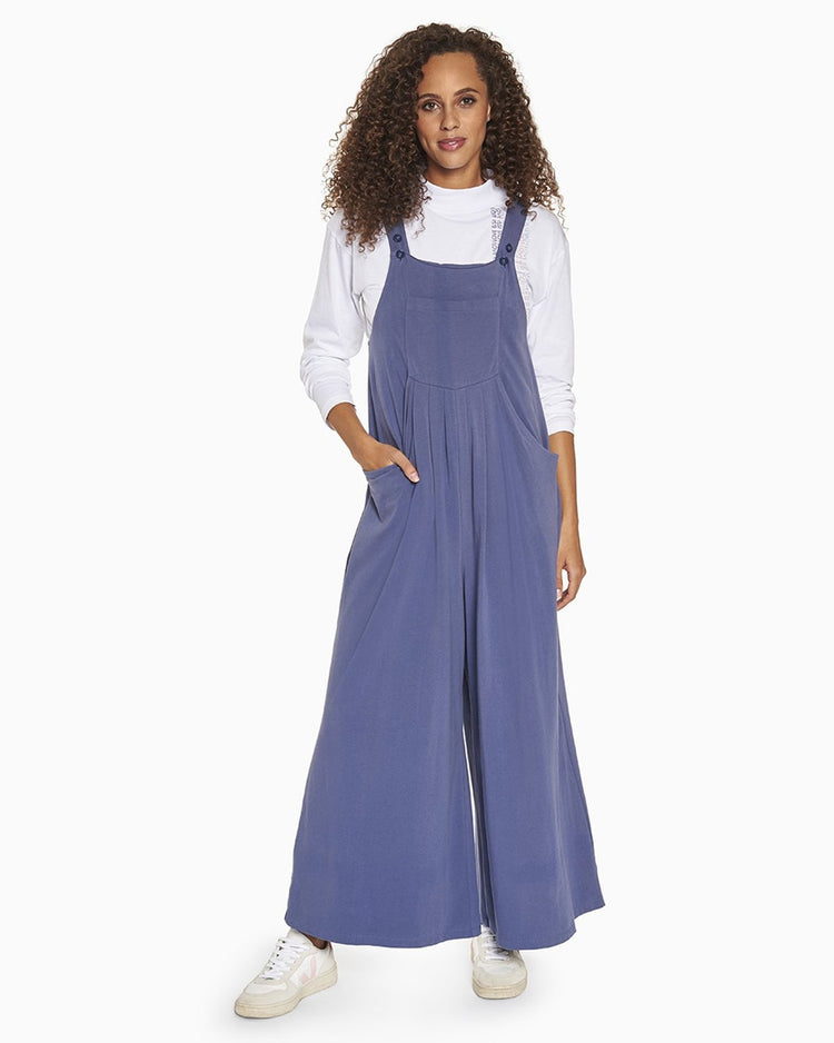 YesAnd Organic Knit Overalls Knit Overalls in color Blue Indigo and shape jumpsuit